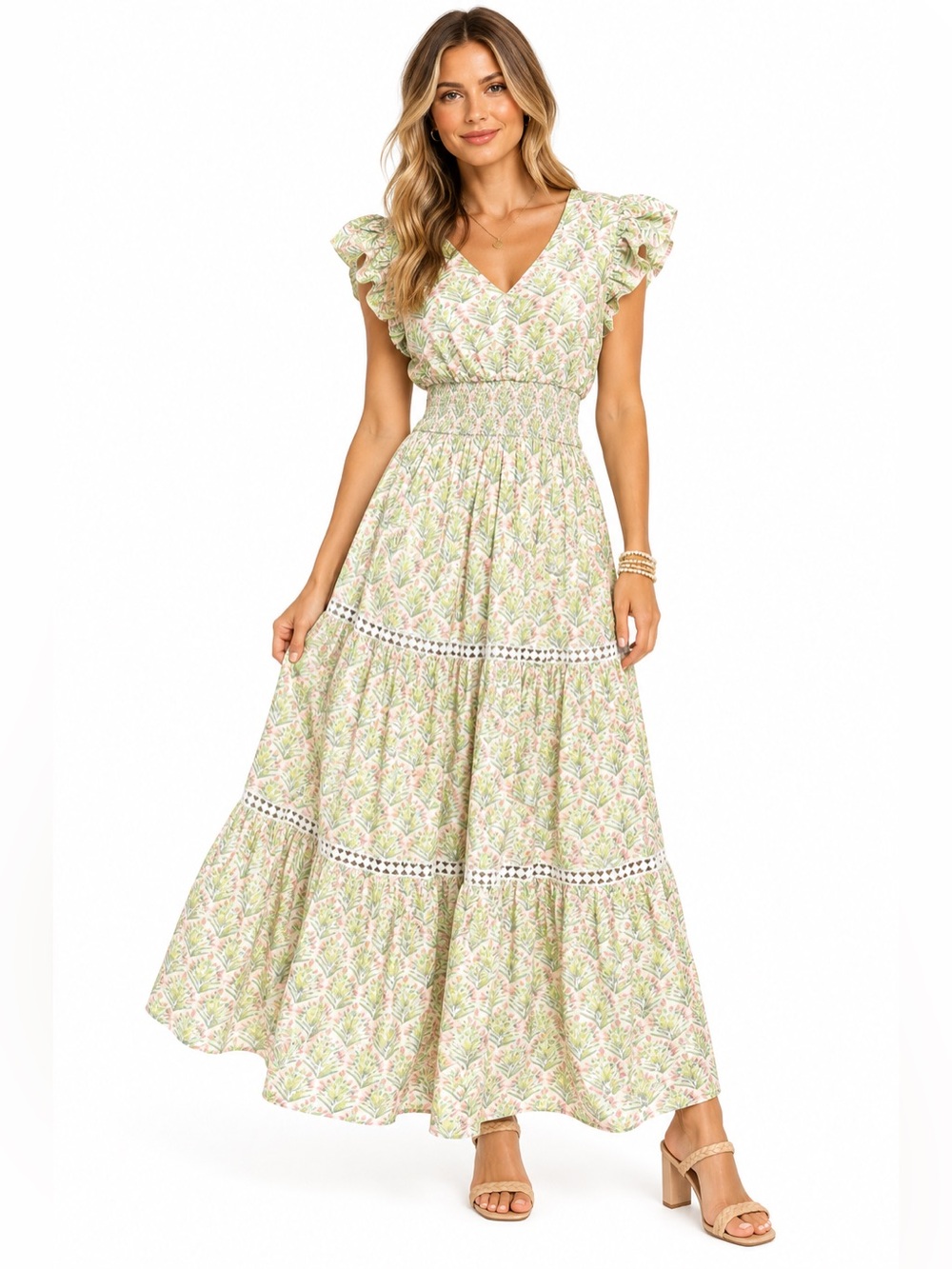 Tracy Evans Pastel Green & Pink Floral Smocked Waist Maxi Dress